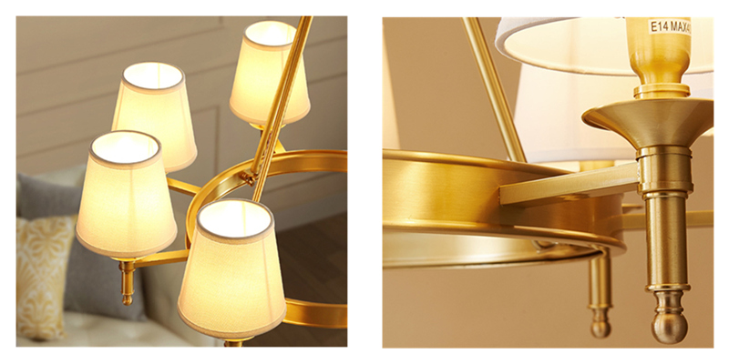 Brass chandelier with white shades