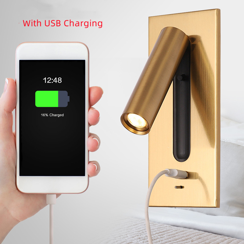 Gold wall mount LED reading light with USB